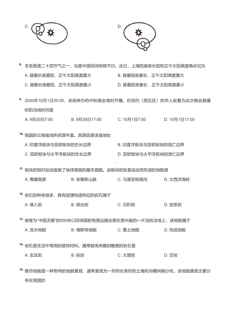 上海市浦东新区2020-2021高一上学期期末地理试卷+答案.pdf_第2页