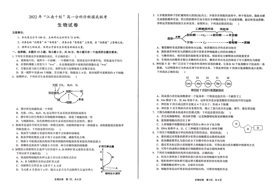 安徽省江南十校2022-2023高一上学期12月分科诊断摸底联考生物试卷+答案.pdf_第1页