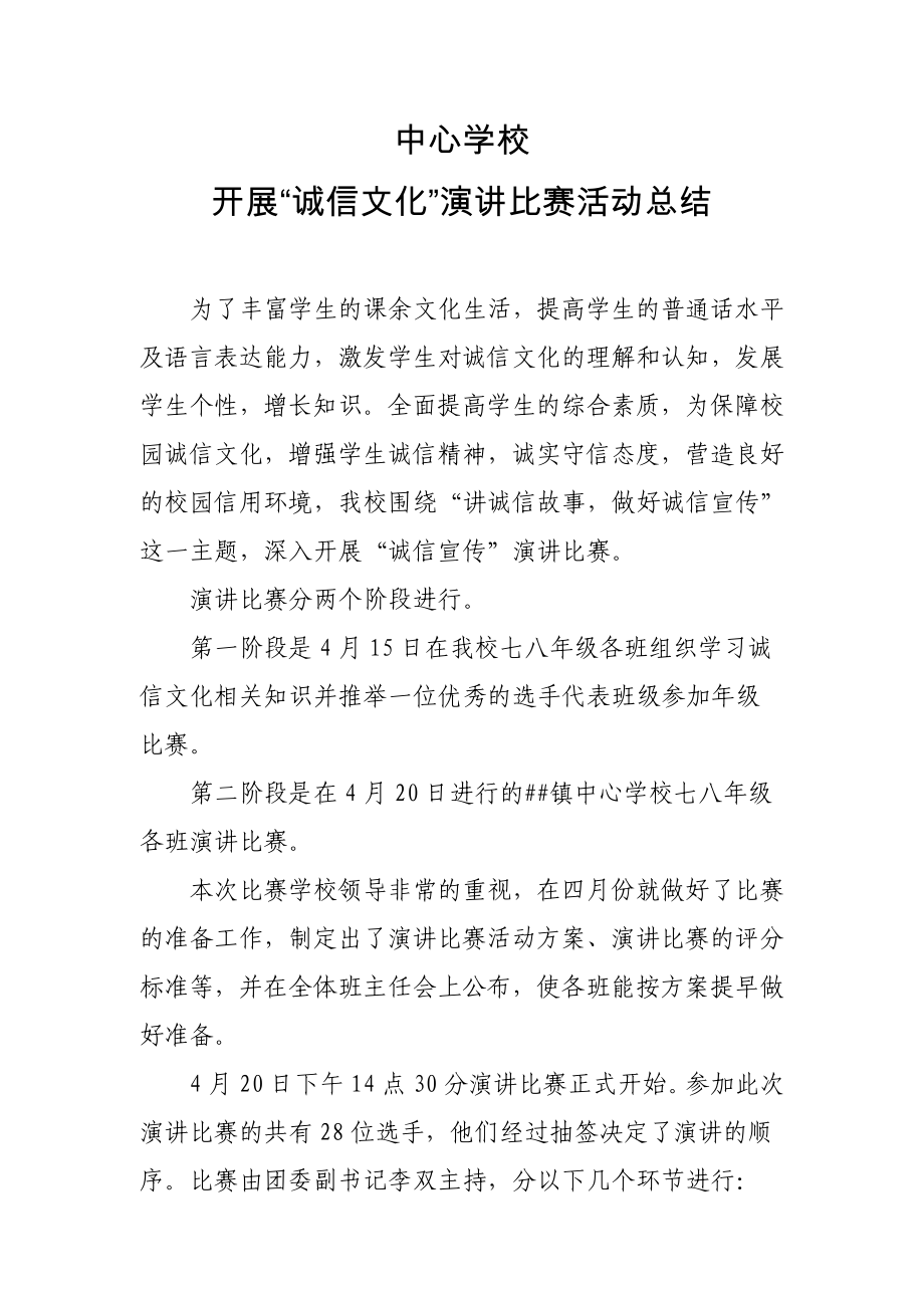 学生诚信演讲比赛活动总结.docx_第1页