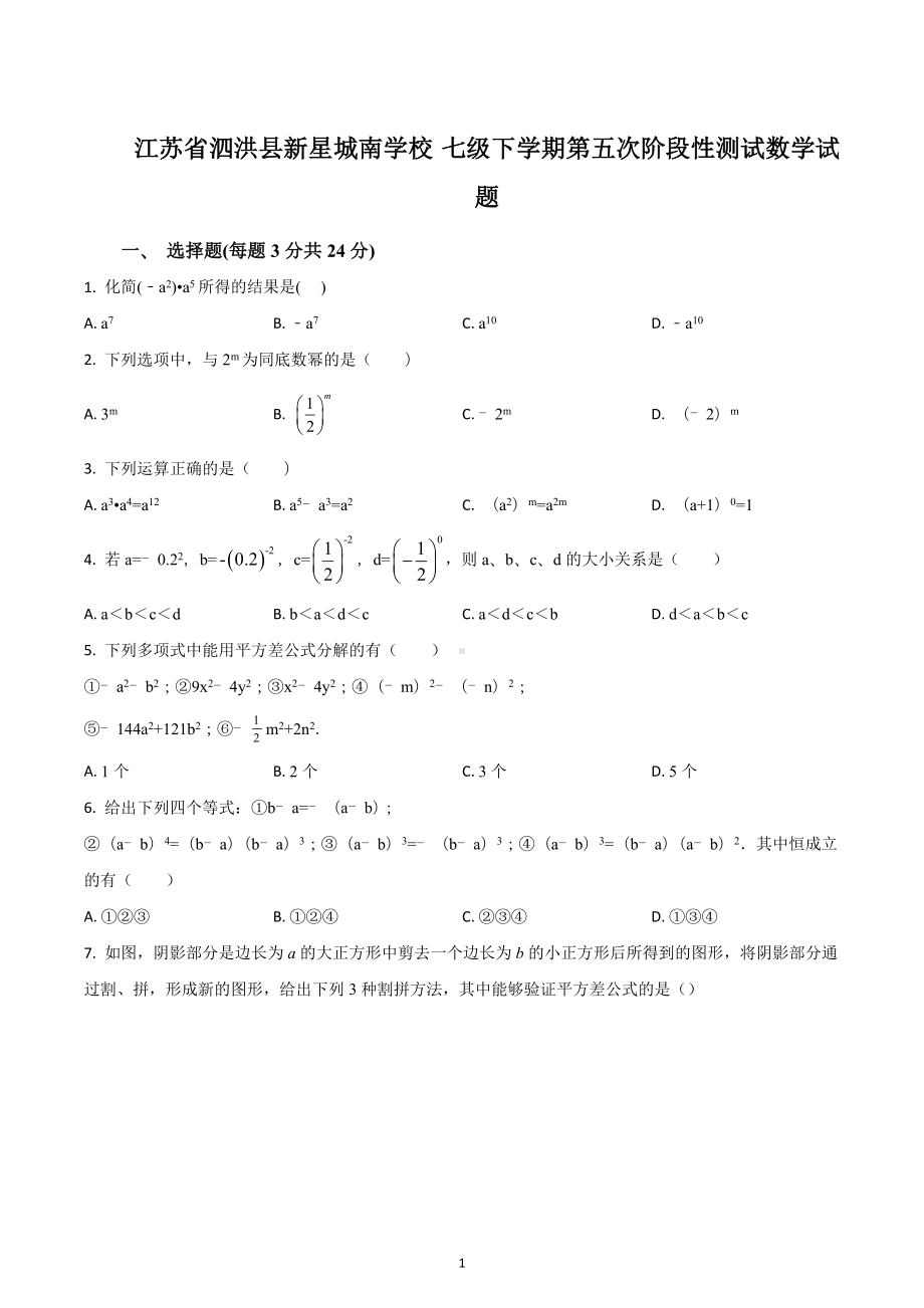 江苏省泗洪县新星城南学校 七年级下学期第五次阶段性测试数学试题.docx_第1页