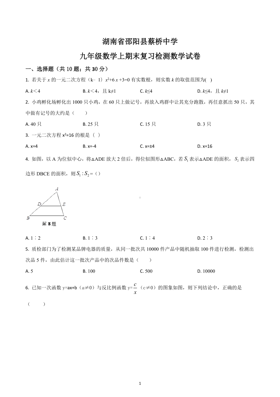 湖南省邵阳县蔡桥中学 九年级数学上期末复习检测数学试卷.docx_第1页