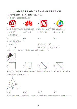 安徽省淮南市潘集区 九年级第五次联考数学试题.docx