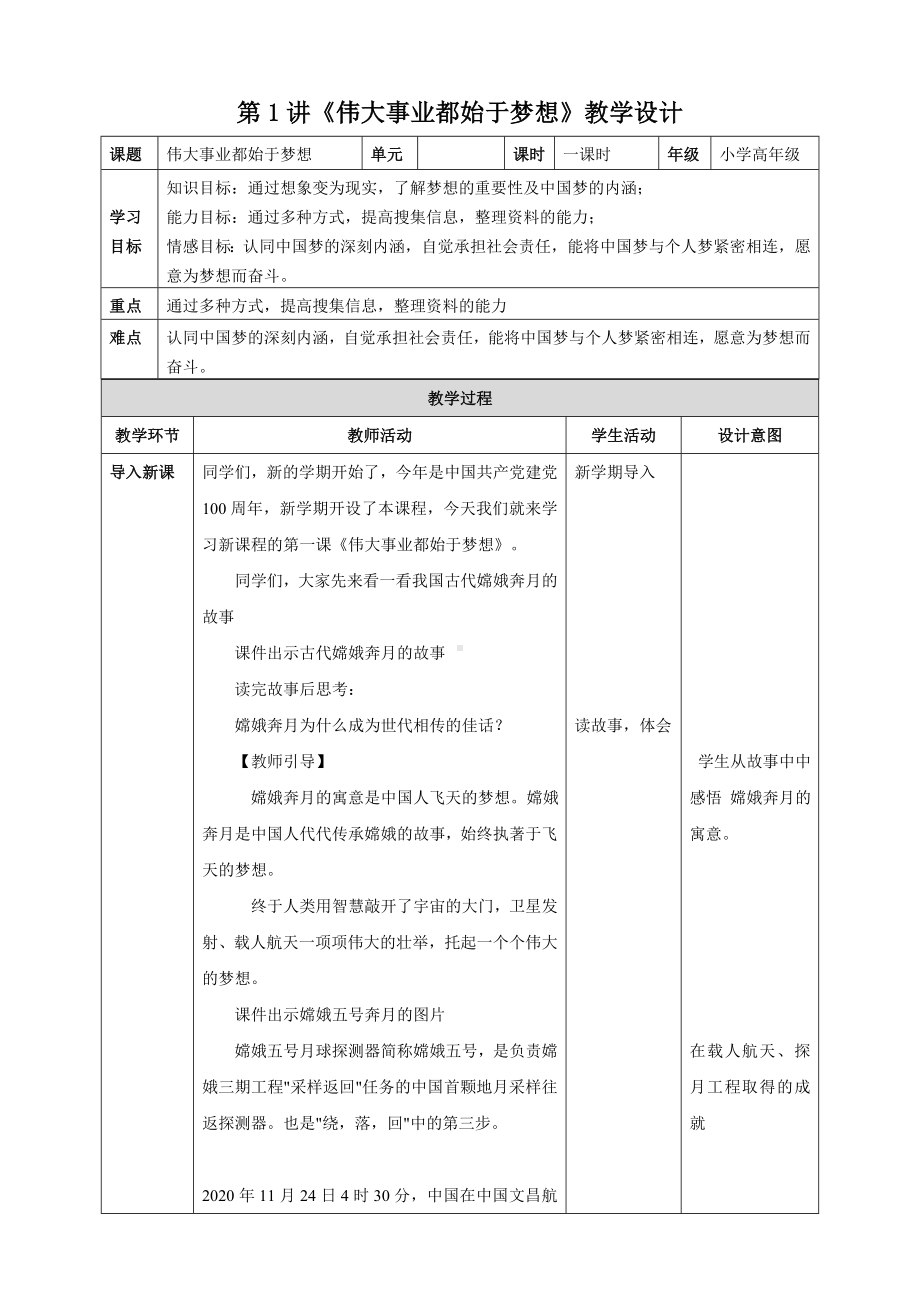 小学高年级第1讲《伟大事业都始于梦想》教学设计.doc_第1页