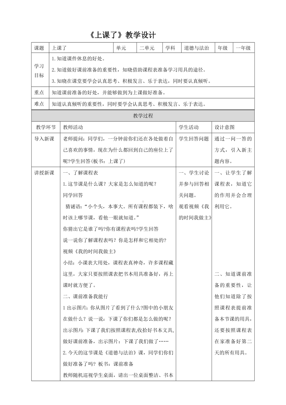 一年级上册道德与法治部编版《上课了（第一课时）》教案（定稿）.docx_第1页