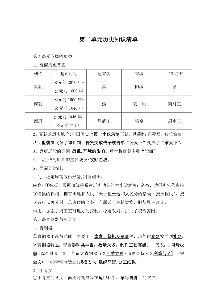 （部）统编版七年级上册《历史》第二单元夏商周时期早期国家与社会变革知识清单.docx_第1页