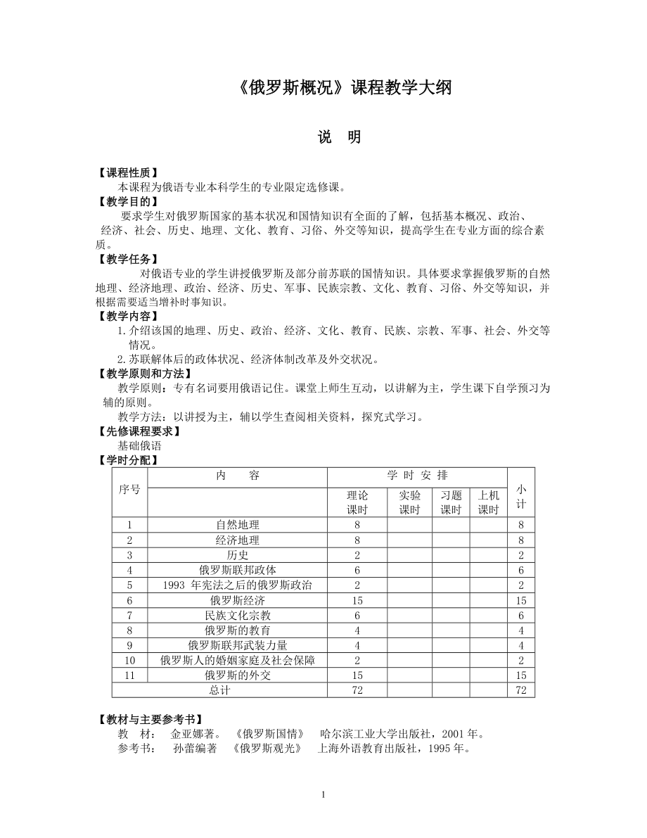 《俄罗斯概况》课程教学大纲参考模板范本.doc_第1页