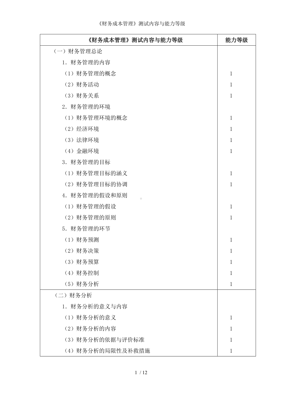 《财务成本管理》测试内容与能力等级参考模板范本.doc_第1页