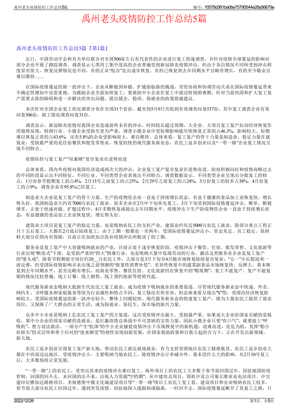 禹州老头疫情防控工作总结5篇.pdf_第1页