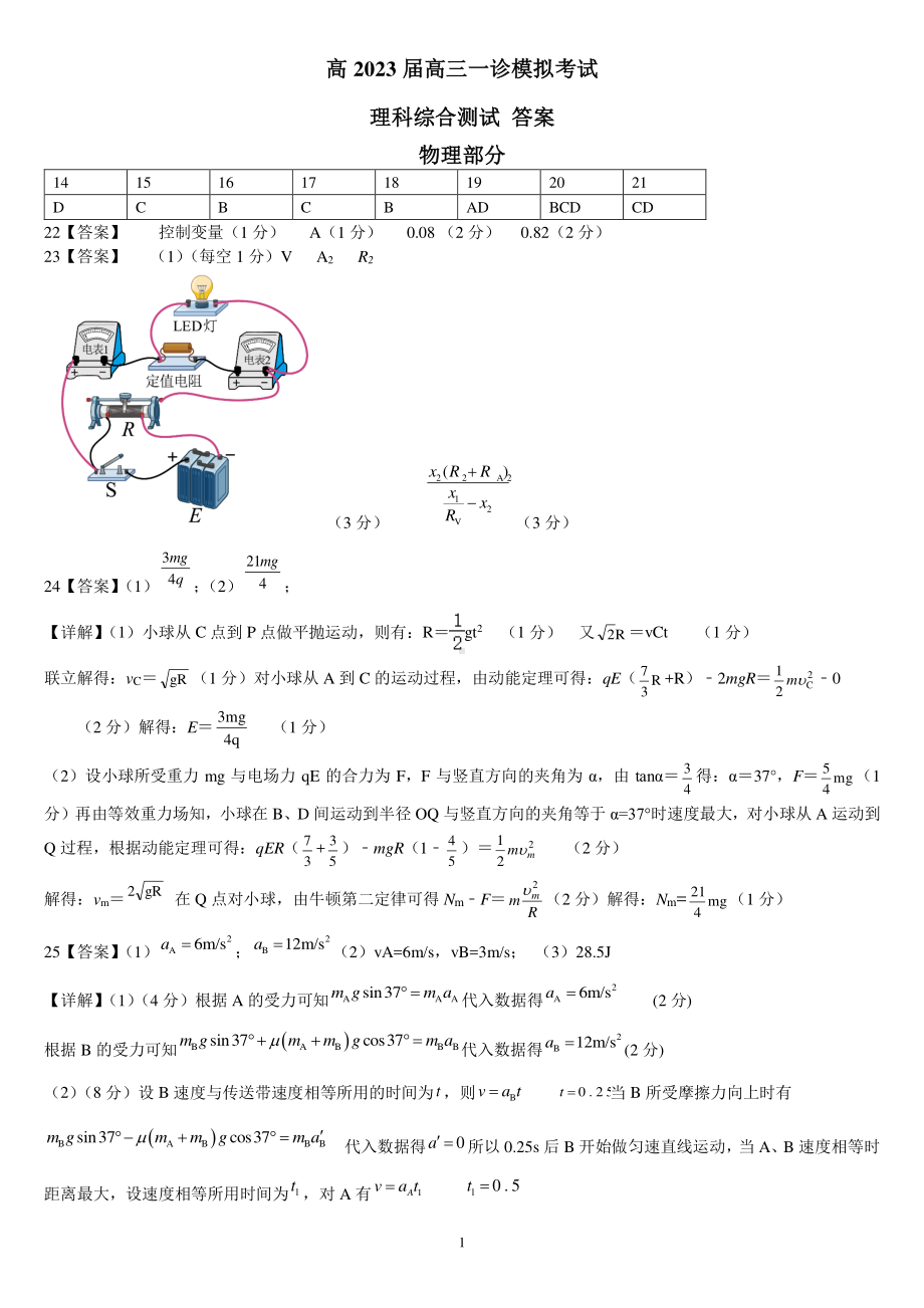 23届高三理科综合一诊模拟考试试卷答案.pdf_第1页