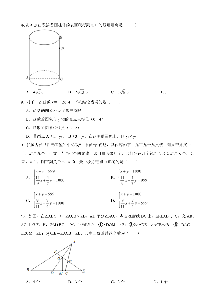 广东省揭阳市普宁市2022年八年级上学期期末数学试题（附答案）.pdf_第2页