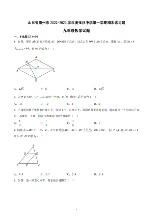 山东省枣庄市滕州市张汪中学2022-2023学年九年级上学期期末练习题 数学试题.docx