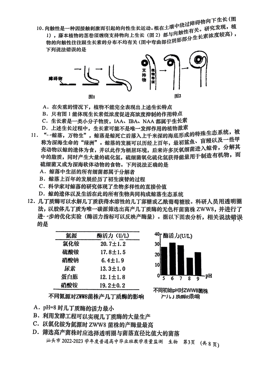 广东省汕头市2022-2023学年高三上学期教学质量监测试题 生物.pdf_第3页