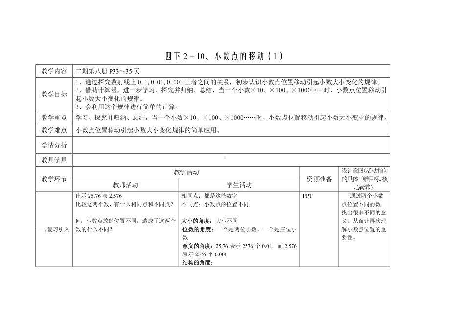 四年级下册数学教案 2.5 小数点移动沪教版 (2).docx_第1页