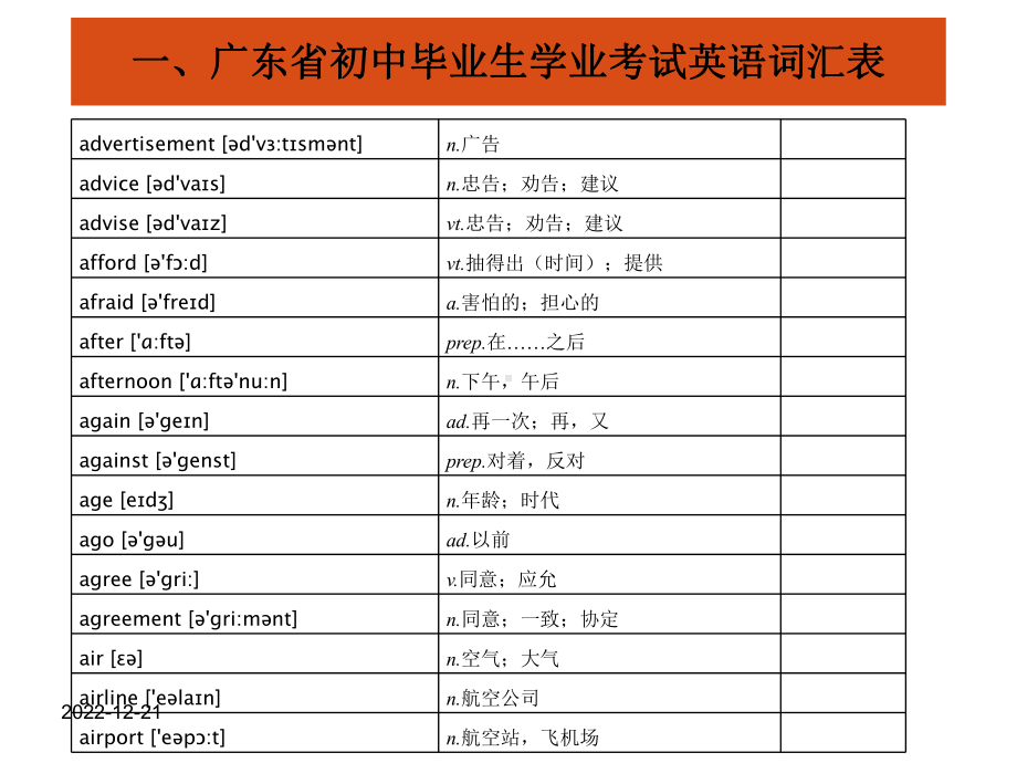 广东省初中毕业生学业考试英语词汇表课件.ppt_第2页