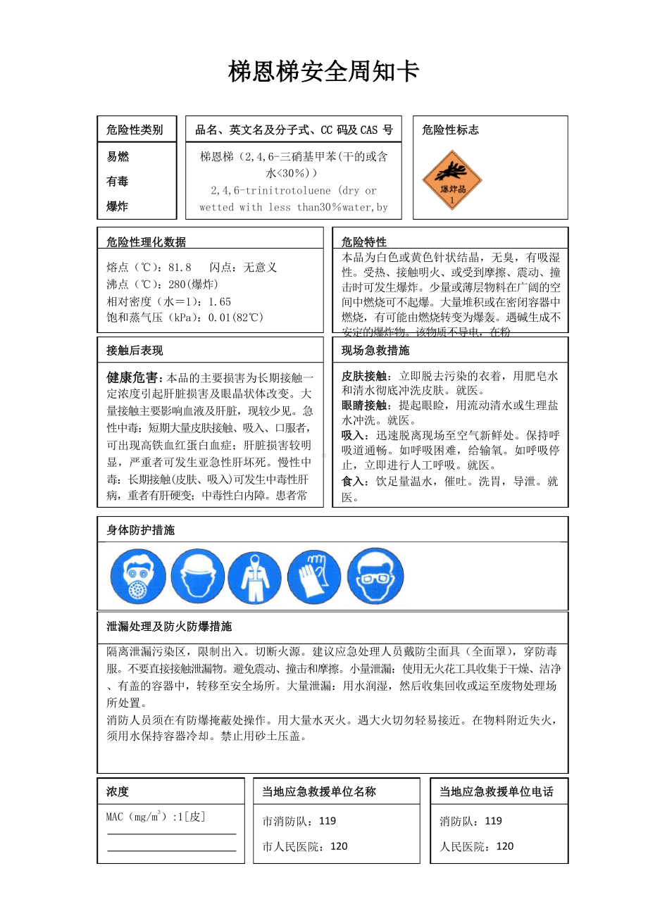 梯恩梯安全周知卡、职业危害告知卡、理化特性表.docx_第1页