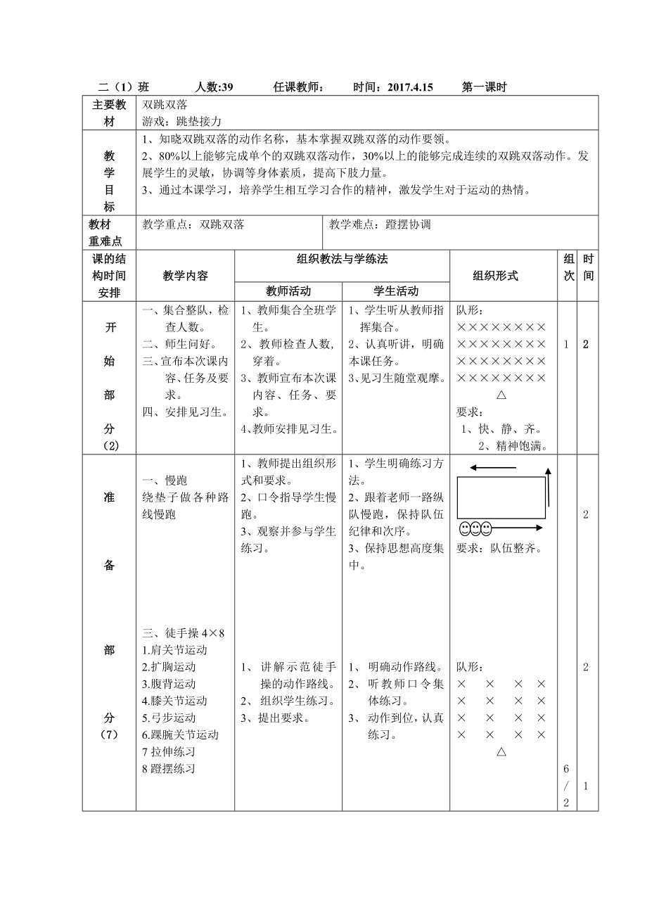 二年级体育教案-体育双跳双落 全国通用.doc_第1页