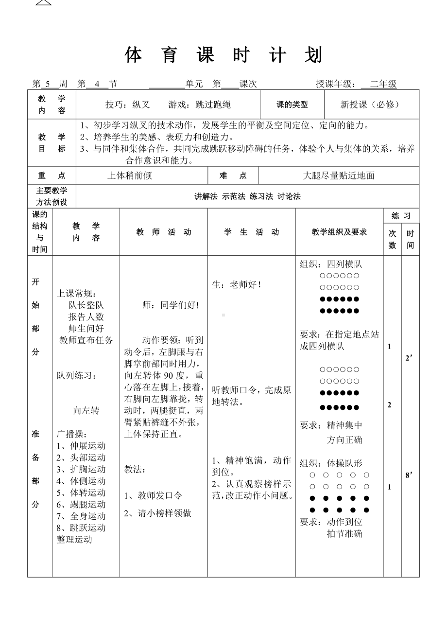 二年级体育教案-技巧：纵叉 全国通用.doc_第1页