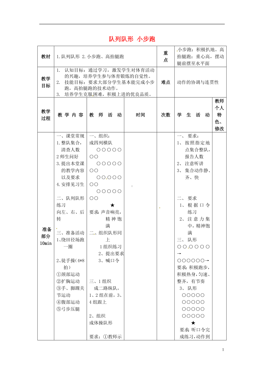 二年级体育教案-队列队形 小步跑 全国通用.doc_第1页