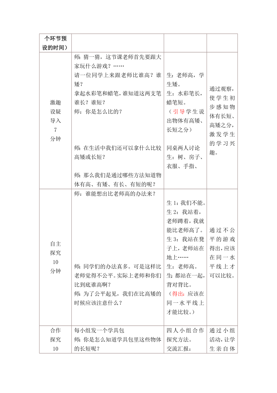 一年级上册数学教案-1. 比较高矮长短 ▏冀教版 (2).doc_第2页