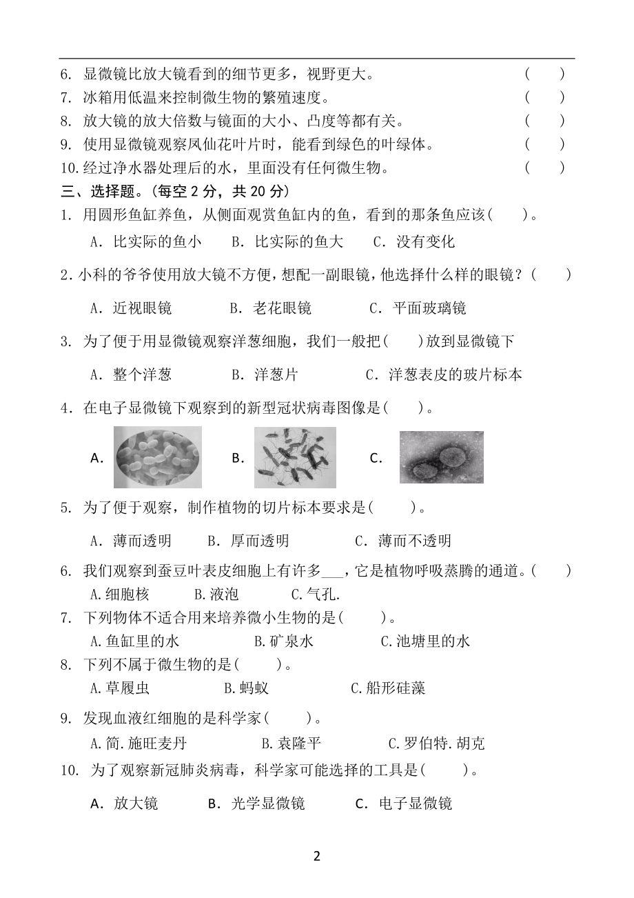 2022新教科版六年级上册《科学》第1单元《微小世界》质量检测题（含答案）.docx_第2页