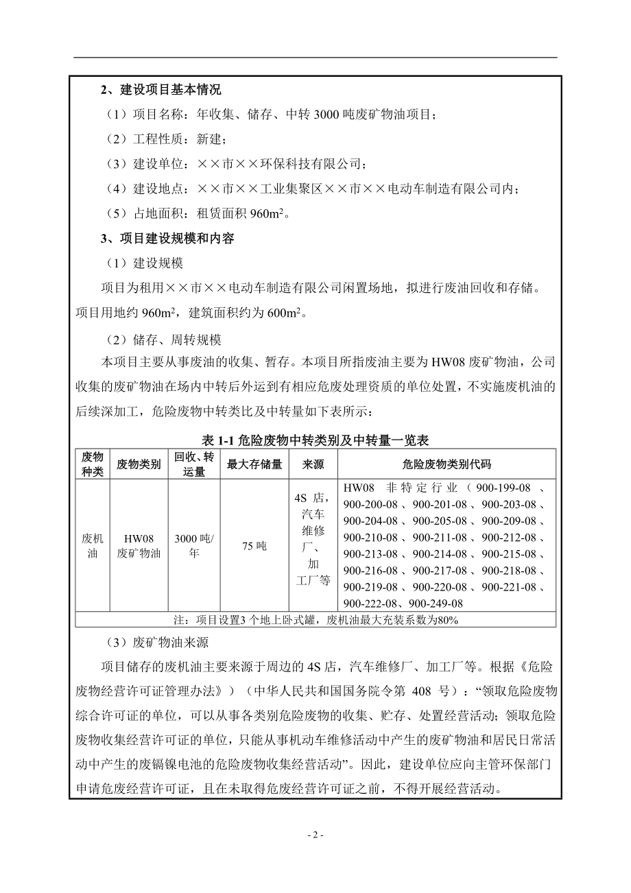 年收集储存中转3000吨废矿物油项目建设项目环境影响报告表参考模板范本.doc_第2页