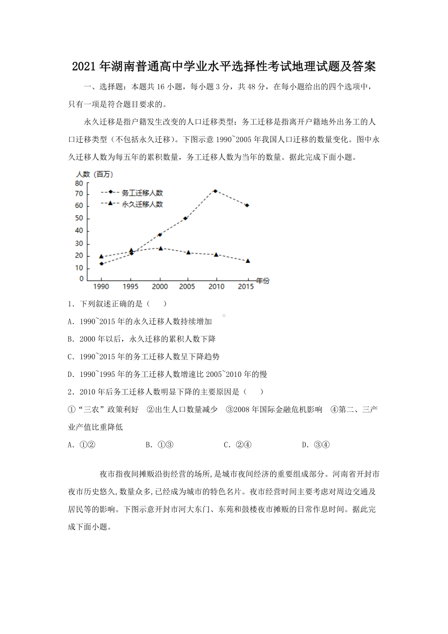 2021年湖南普通高中学业水平选择性考试地理试题及答案.doc_第1页