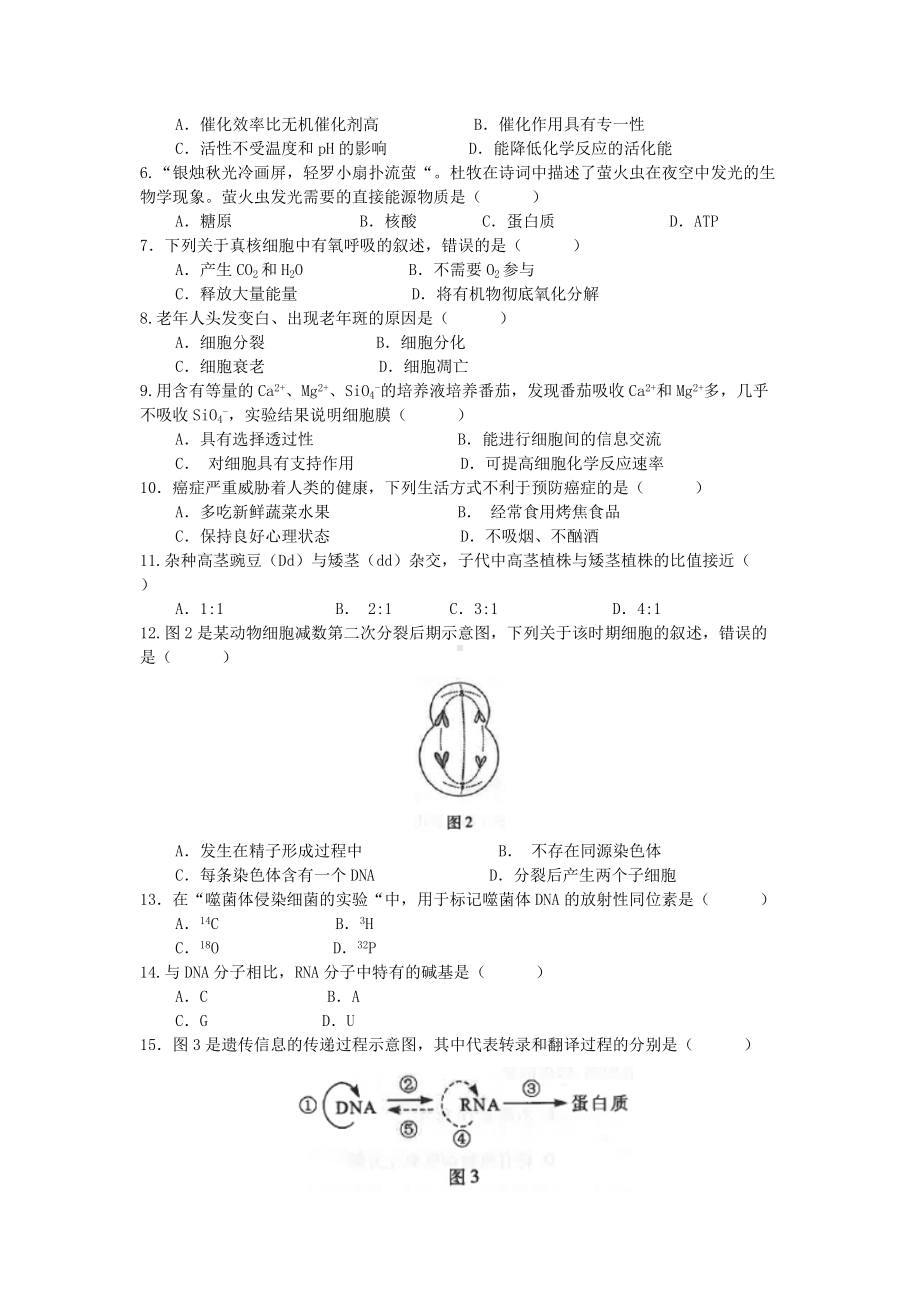 2020年福建普通高中会考生物真题及答案.doc_第2页