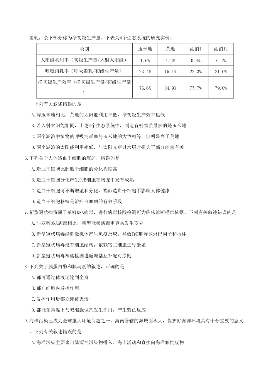 2020年海南高考生物真题及答案.doc_第2页