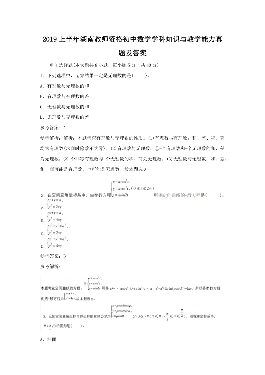 2019上半年湖南教师资格初中数学学科知识与教学能力真题及答案.doc_第1页