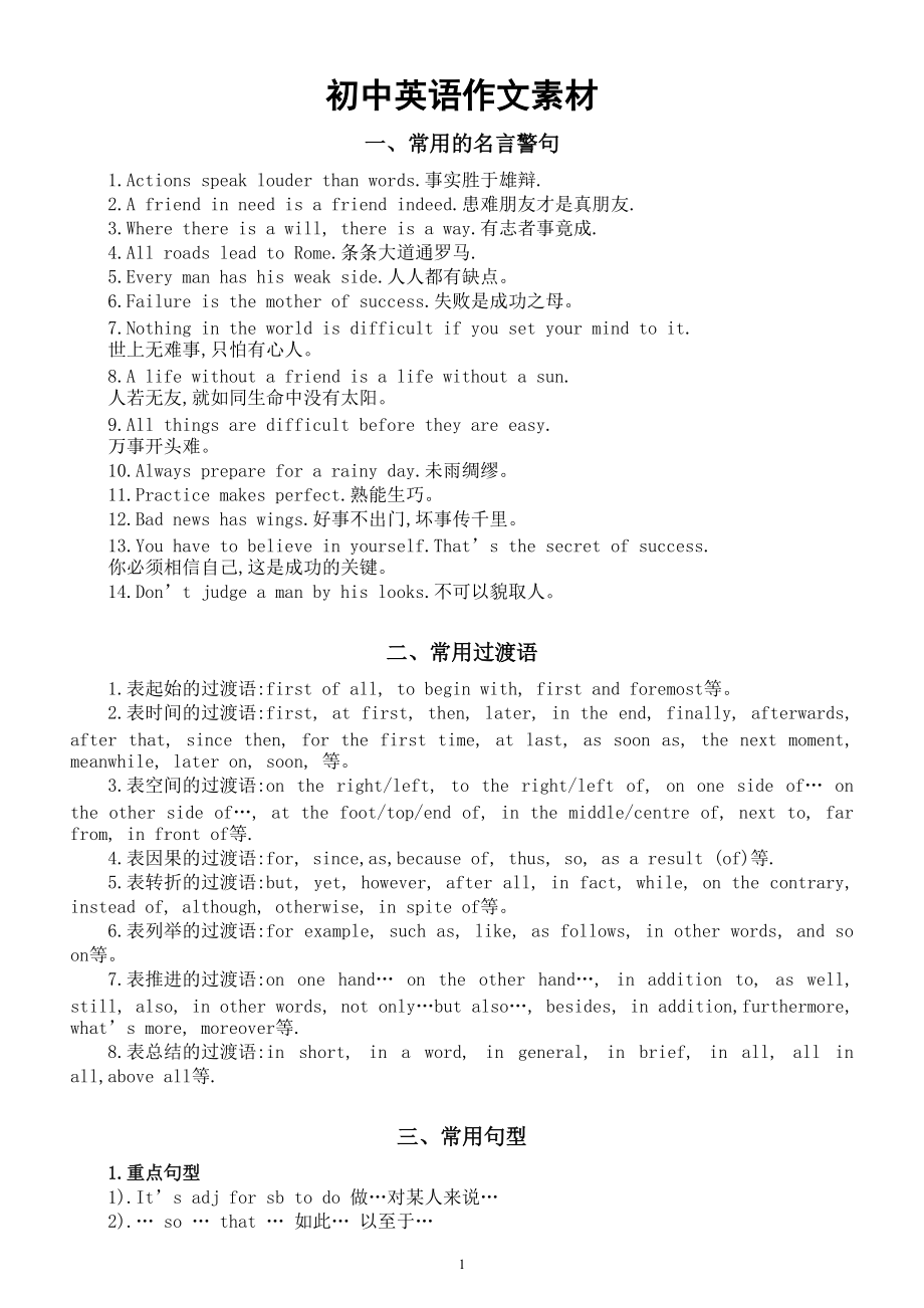 初中英语作文素材（名言警句+过渡句+常用句型）.doc_第1页