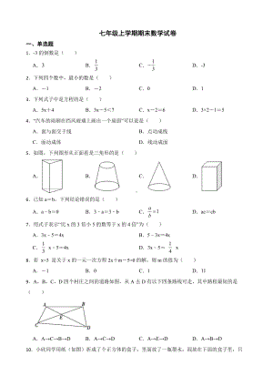 广西壮族自治区玉林市七年级上学期期末数学试卷及答案.pdf