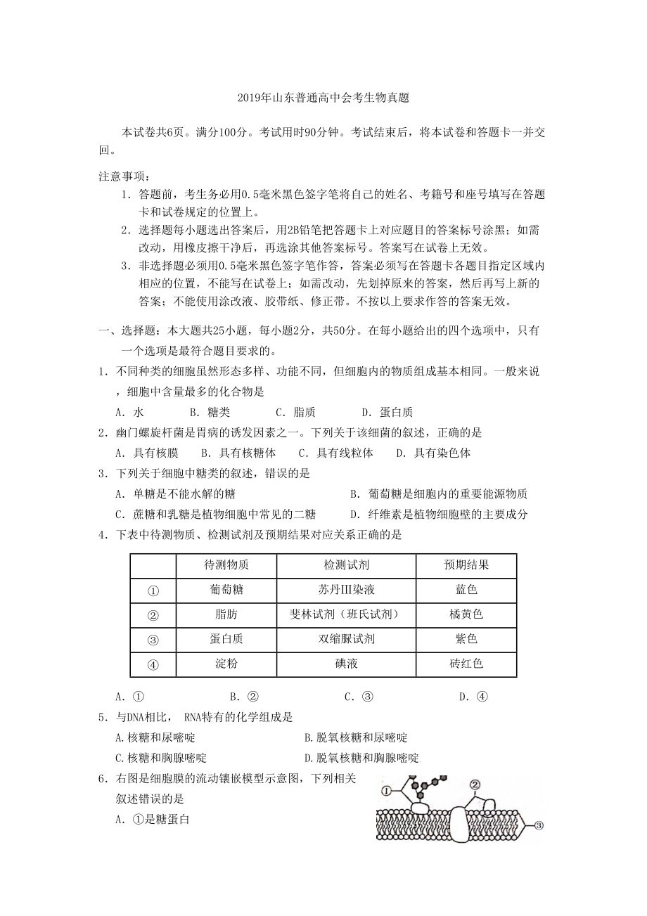 2019年山东普通高中会考生物真题.doc_第1页