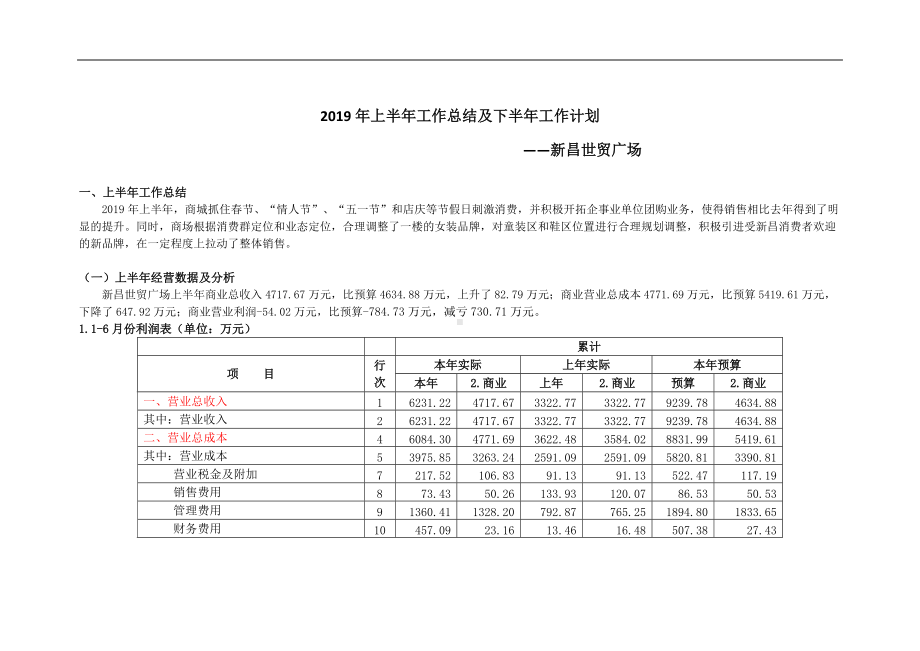 新昌世贸广场上半年工作总结及下半年工作计划.docx_第1页