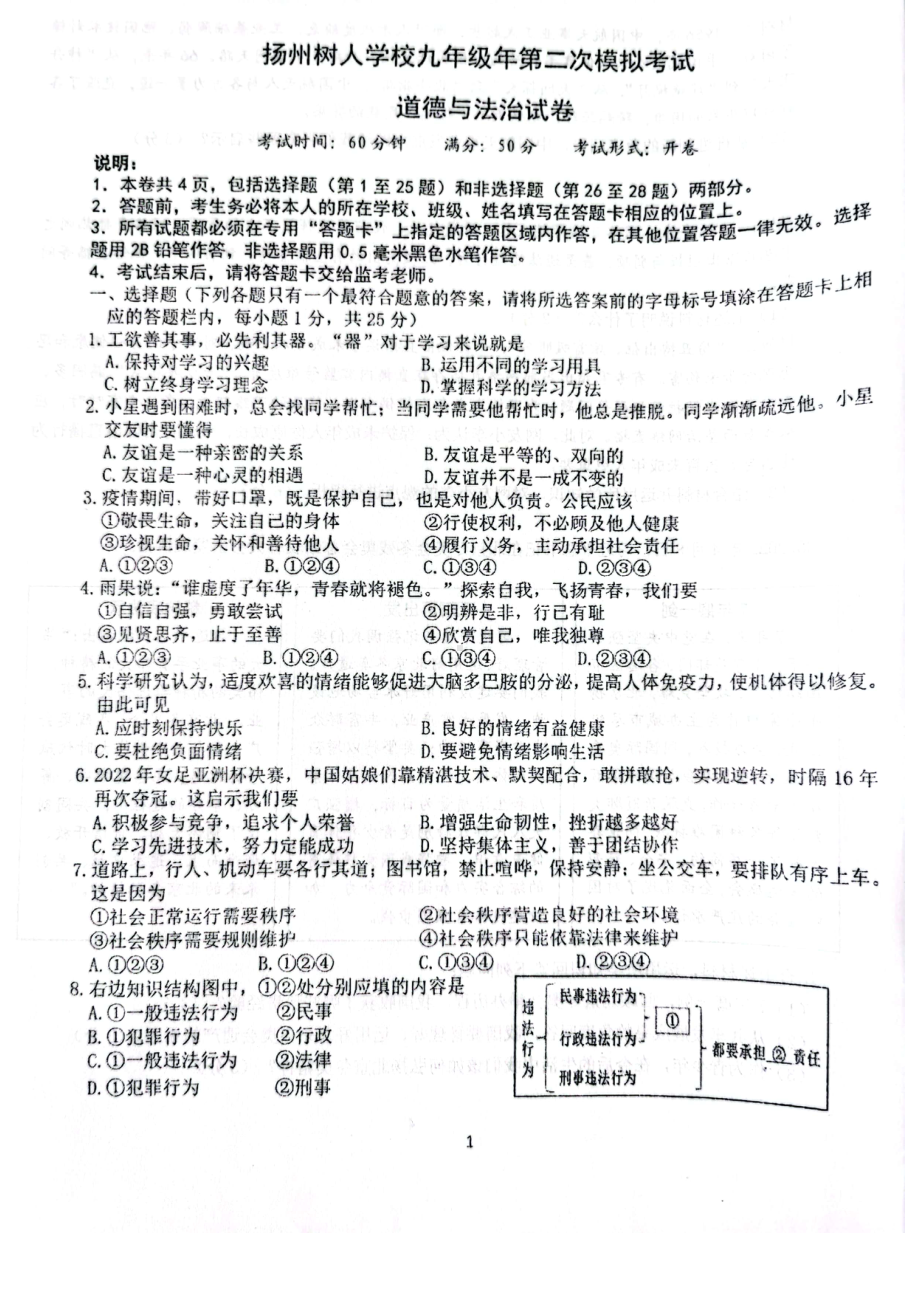 江苏省扬州树人教育集团2022届中考道德与法治二模试卷.pdf_第1页