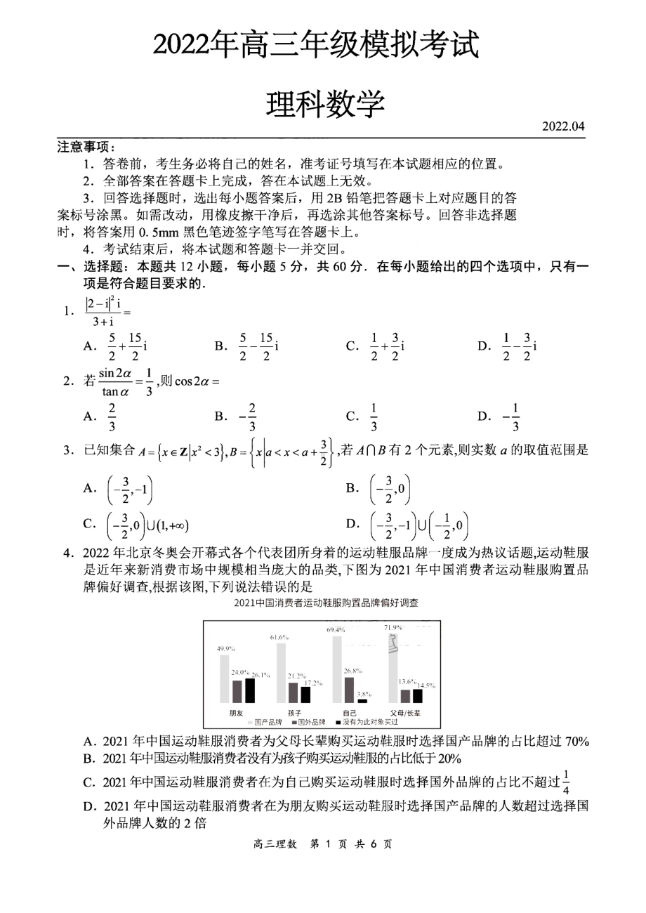 山西省22届高三第二次模拟考试文数含答案.pdf_第1页