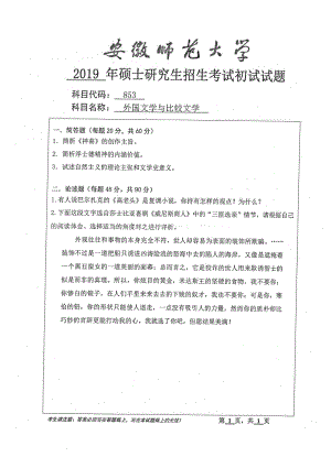 2019年安徽师范大学硕士研究生（考研）初试试题853外国文学与比较文学.pdf