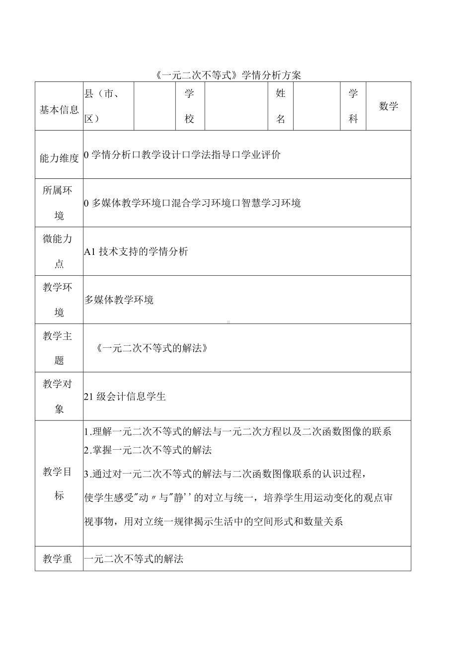 A1《一元二次不等式》学情分析方案.docx_第1页