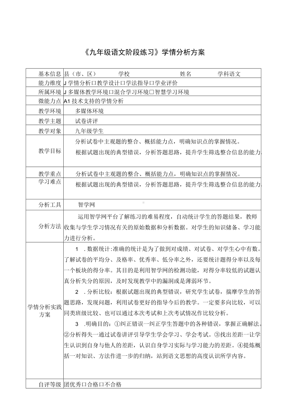 A1《九年级语文阶段练习》学情分析方案.docx_第1页