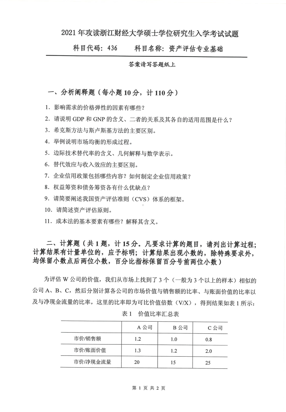 2021年浙江财经大学硕士考研真题436资产评估专业基础.pdf_第1页