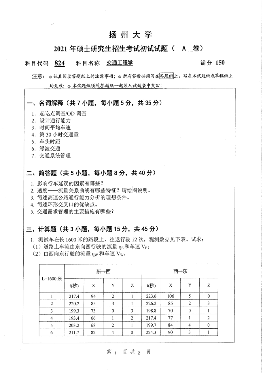 2021年扬州大学硕士考研真题824交通工程学.pdf_第1页