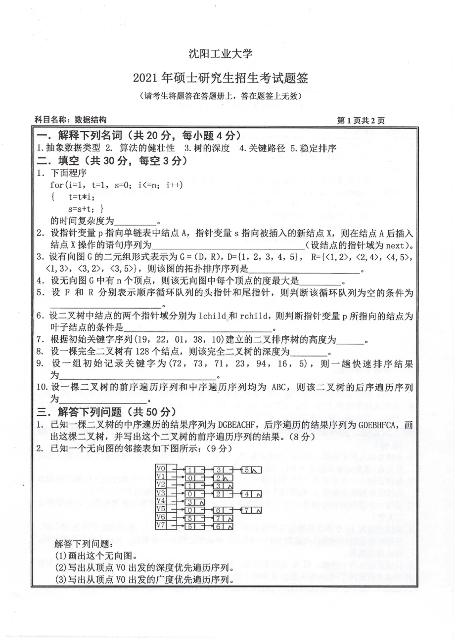 2021年沈阳工业大学硕士考研真题808数据结构.pdf_第1页