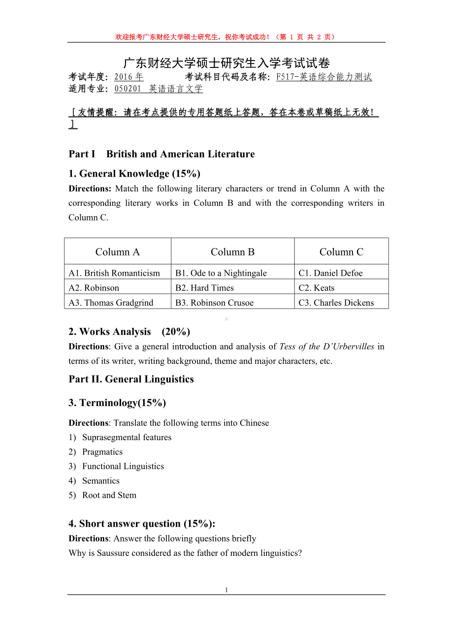 2016年广东财经大学考研专业课试题F517英语综合能力测试.doc_第1页