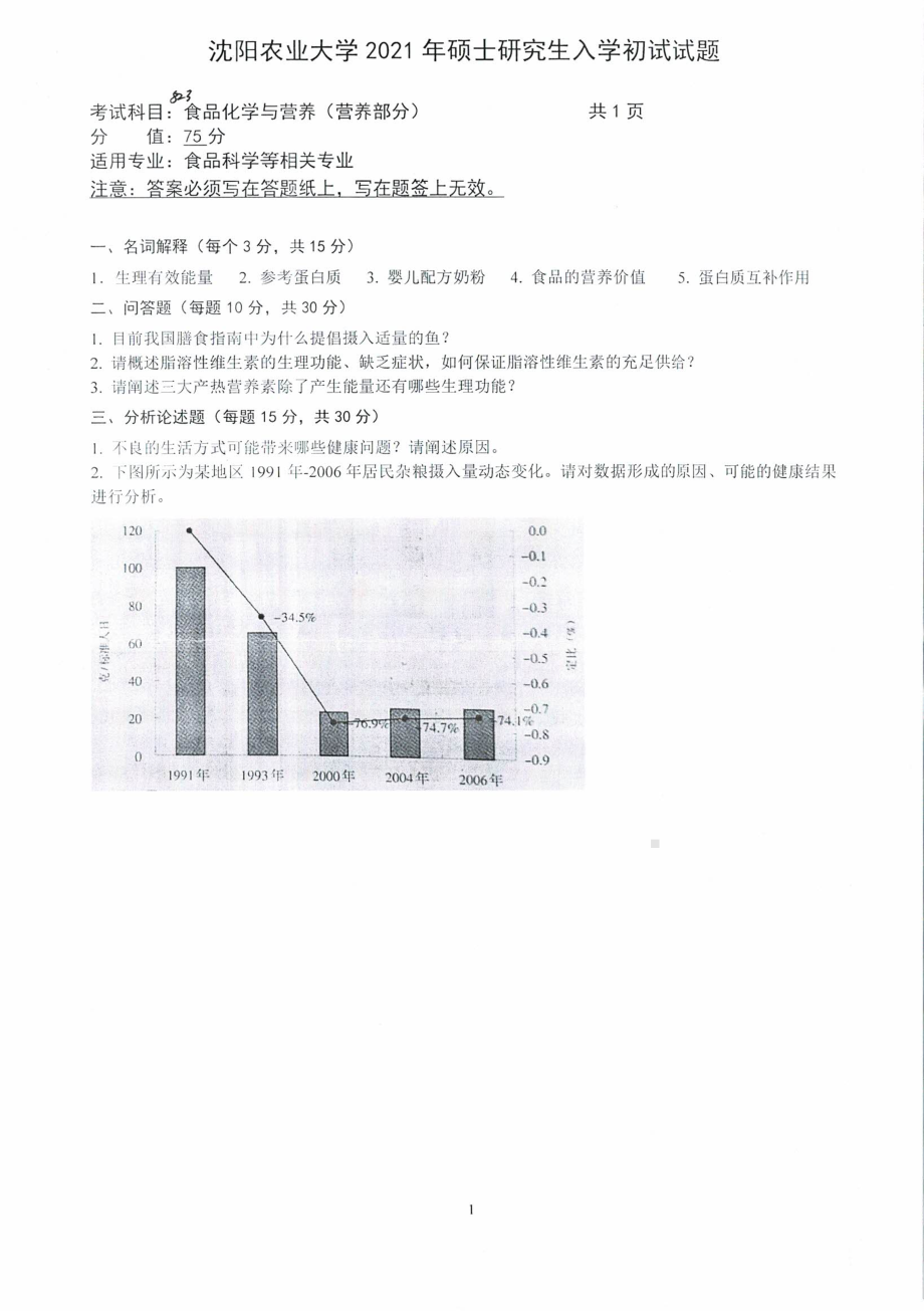 2021年沈阳农业大学硕士考研真题823食品化学与营养.pdf_第1页