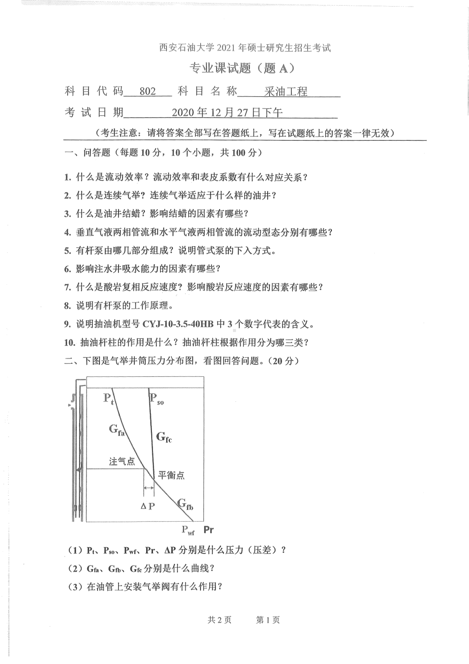 2021年西安石油大学硕士考研真题802采油工程考研.pdf_第1页