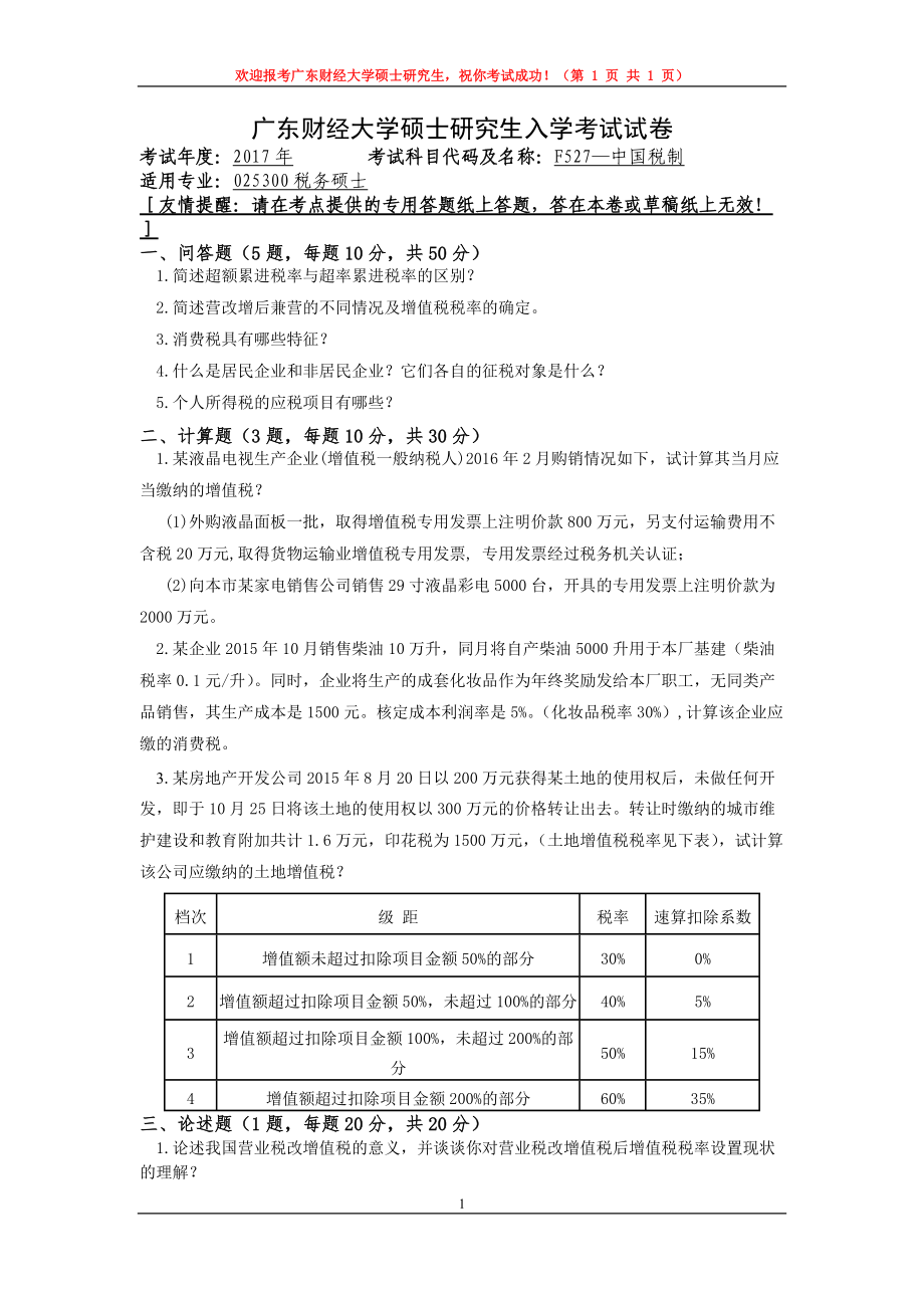 2017年广东财经大学考研专业课试题F527—中国税制.doc_第1页