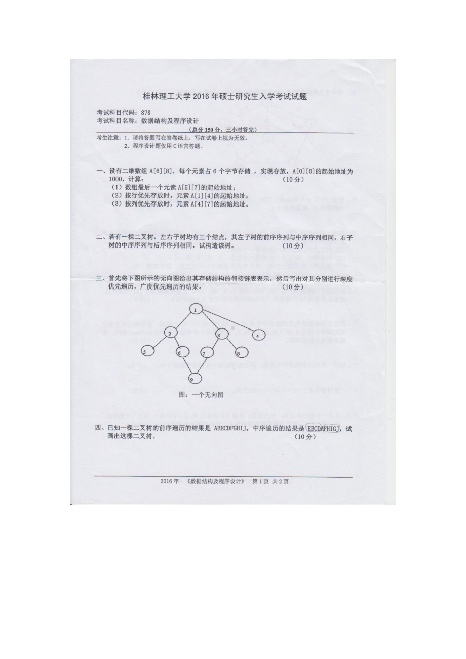 2016年桂林理工大学考研专业课试题878数据结构及程序设计.docx_第1页