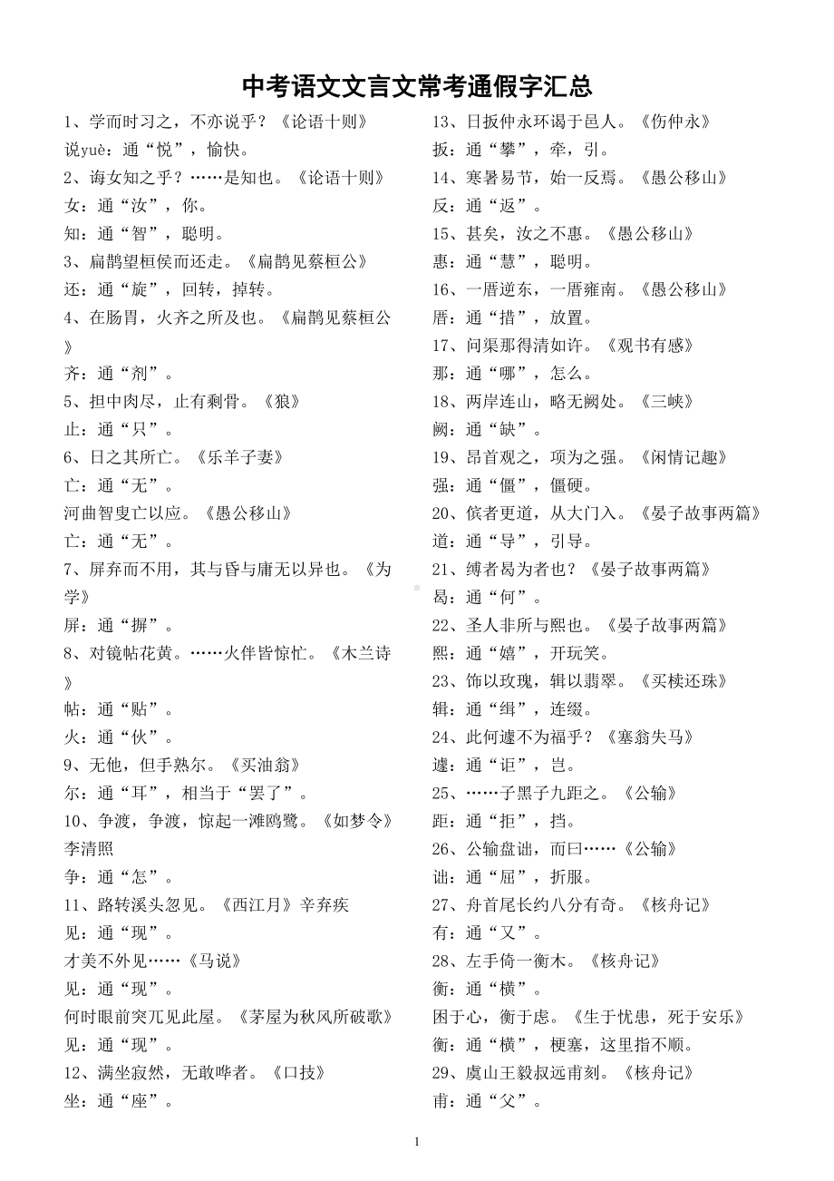 初中语文2022中考复习文言文常考通假字汇总（共59个）.doc_第1页