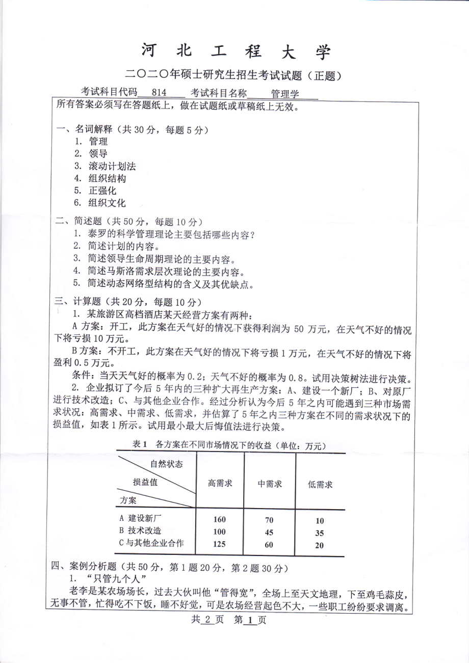 2020年河北工程大学考研专业课试题管理学.pdf_第1页