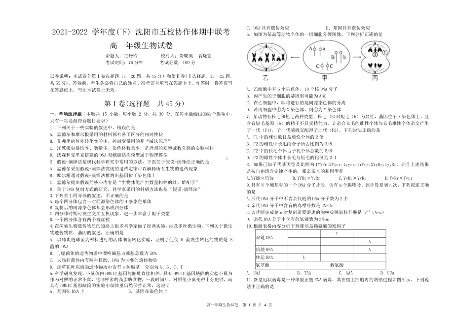 辽宁省沈阳市五校协作体2021-2022学年高一下学期期中联考生物试卷.pdf_第1页