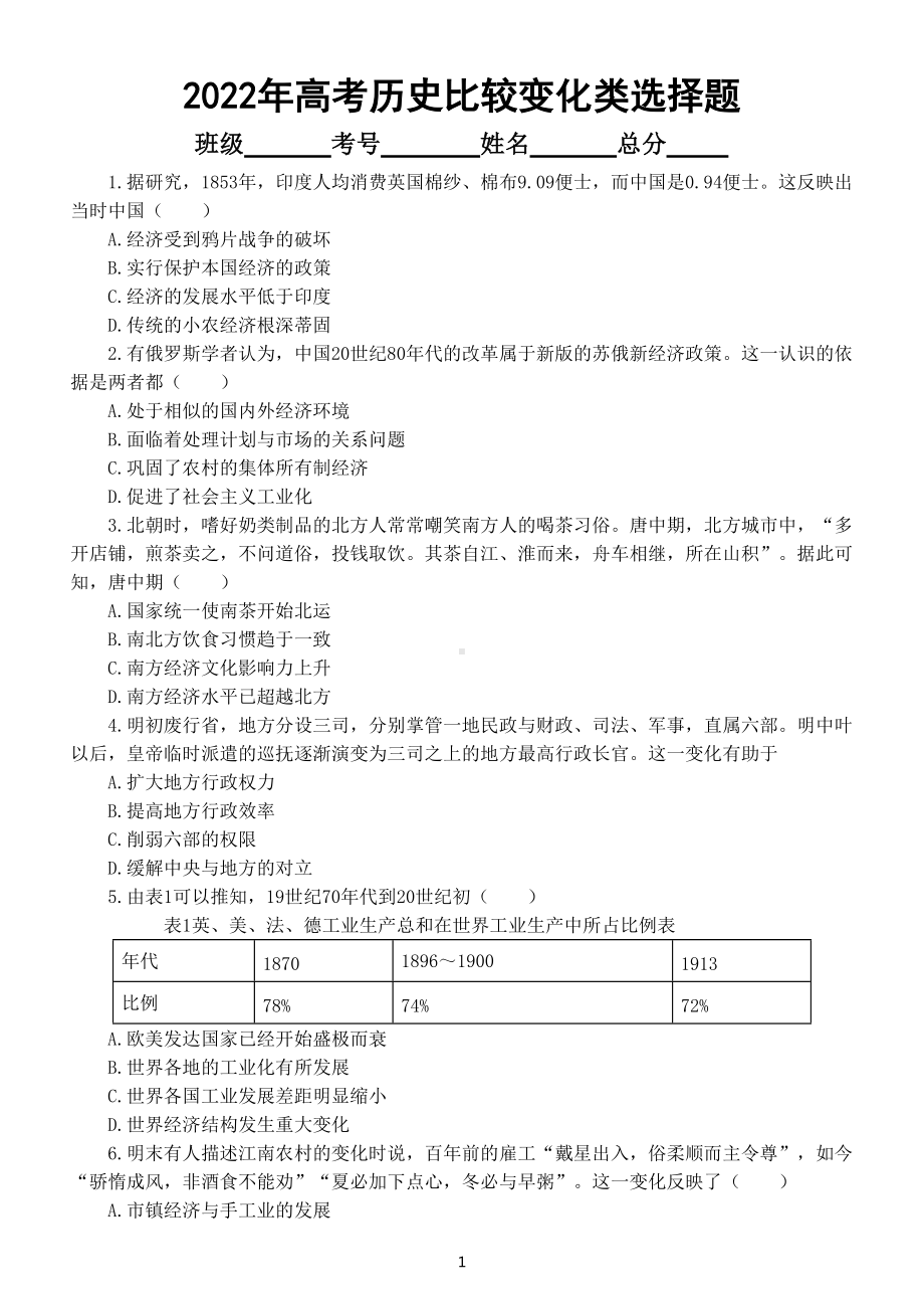 高中历史2022年高考复习比较变化类选择题专项练习（附参考答案和相关知识点讲解）.doc_第1页